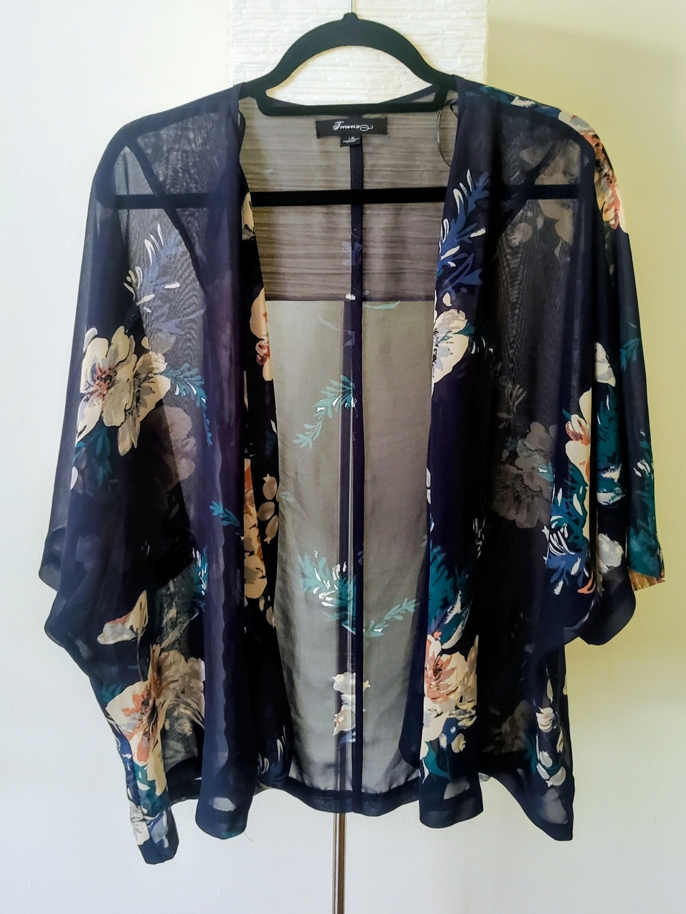 Forever 21 Sheer Floral Kimono Cardigan L Navy Boho Open Front Duster Top